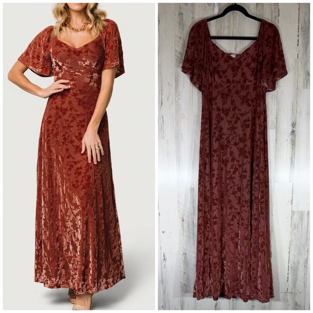 Baltic Born Everly Maxi Dress Rust Floral Velvet Burnout Smocked Flutter Sleeve